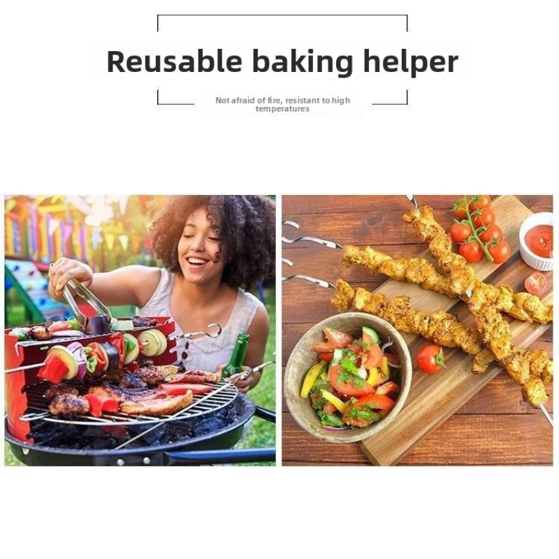 Outdoor Barbecue Needle Set Wire BBQ Skewers Wood Handle Grill Roasting Sticks Camping Tools Storage Bag Kit Beech Wood Handle