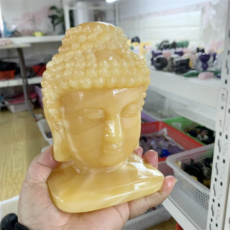 Natural Yellow Calcite Crystal Buddha Head Figurine Carving Buddhism Home Decoration Healing Meditate Reiki Feng Shui 1pcs