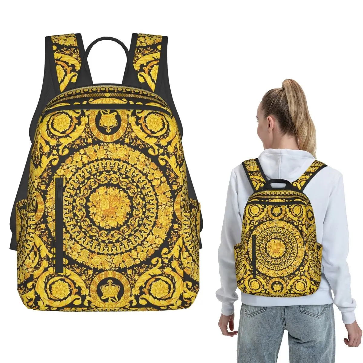 Decorative Golden Medallion Baroque (4) Backpack Large Capacity Boys Girls BookBag School Bag Shoulder Bags for Men Women