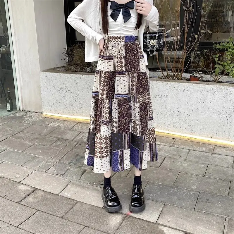 Bohemian Floral Print Half Skirt Women's A-Line Midi Skirt High Waist Color Block Ethnic Style Spring Summer New Arrival