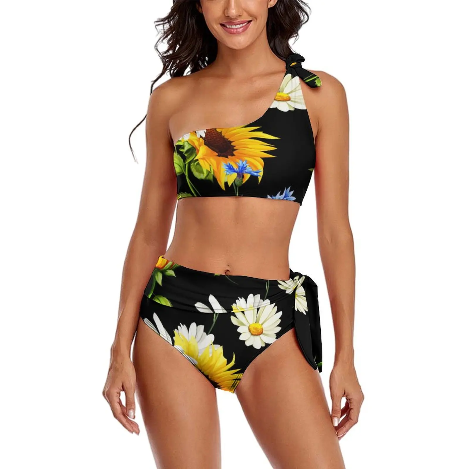 

Sexy Yellow Sunflower Bikinis Set White Blue Flowers Print Trendy Bikini Swimsuit High Waist Swimwear Swim Custom Swimsuits