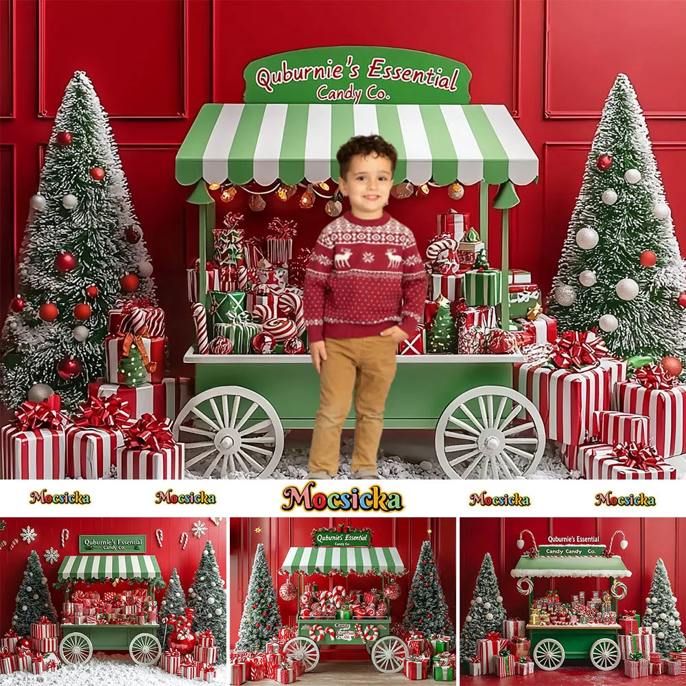 Mocsicka fondo de fotografía, carrito de tienda de dulces, árbol de Navidad, decoración de vacaciones, fondos de fotos para niños, accesorios de estudio