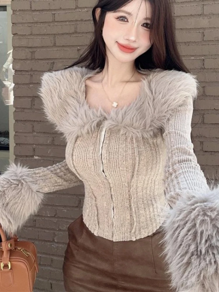 Japanese Fluffy Sweet Y2k Aesthetic Coats All Match Casual Harajuku Slim Sweaters Fashion Chic Women Streetwear Grunge Cardigans