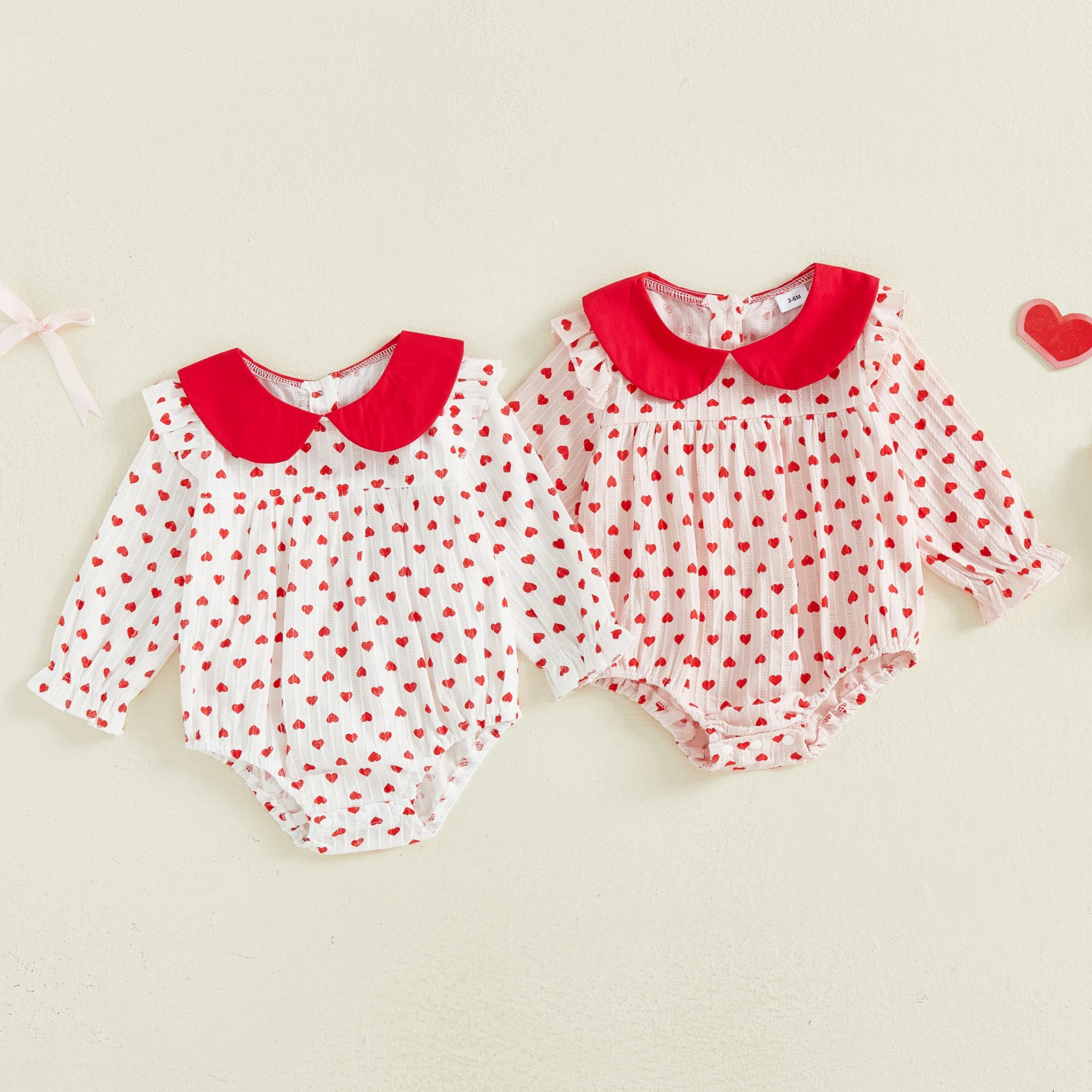 

Tregren 0-18M Infant Newborn Baby Girl Valentine's Day Cute Romper Spring Long Sleeve Doll Collar Heart Print Bodysuit Clothes