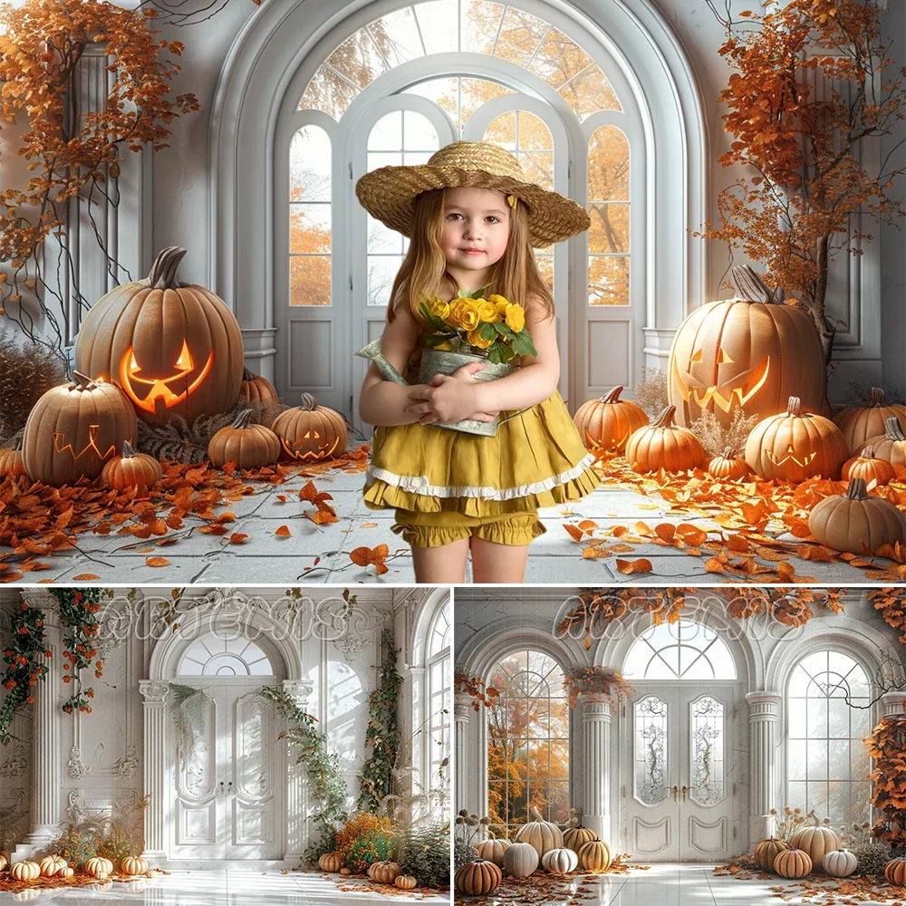 Fall Photography Backdrop White Door Arched Windows Pumpkins Leaves Orange Tones Decoration Background Photo Studio Photo-call