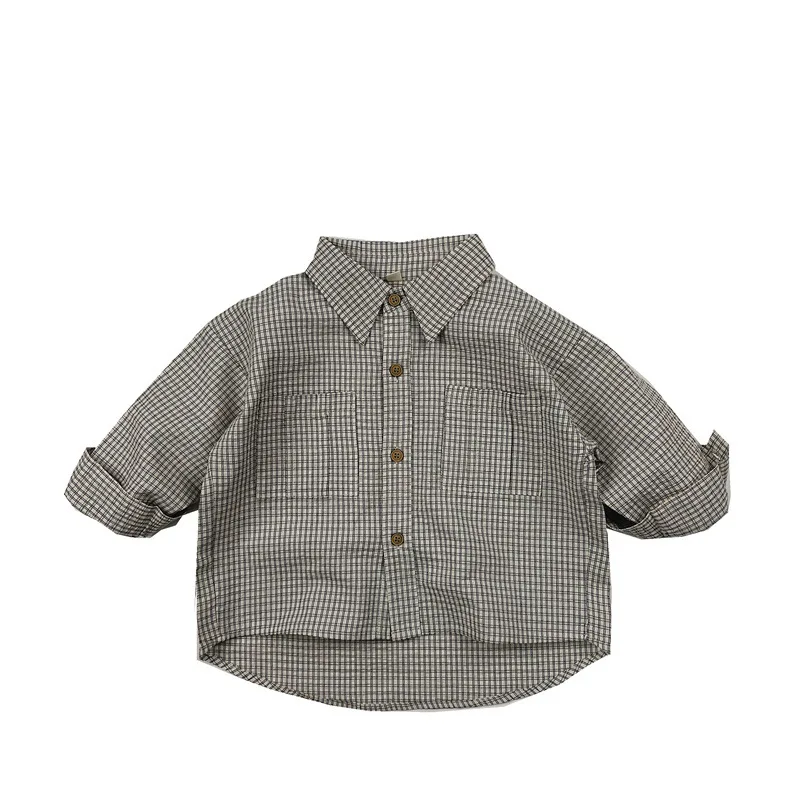 2024 Spring New Children Long Sleeve Plaid Shirts Baby Boys Lapel Pocket Casual Shirts Kids Girls Cotton Tops Toddler Clothes