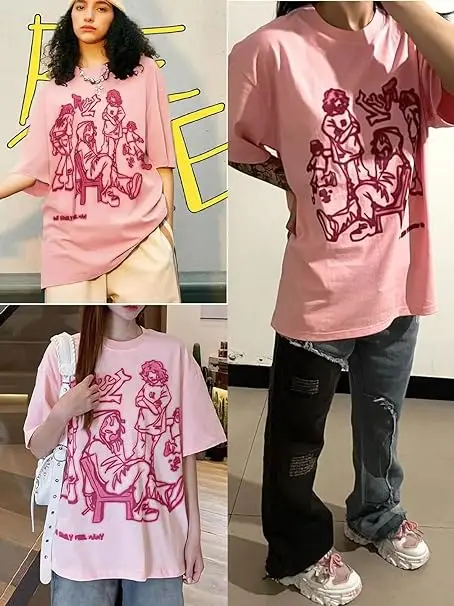 Youth Streetwear New Age Pink T-Shirt Funny Cartoon Pattern Top Summer Harajuku Pullover Couple Hip-Hop Fashionable T-Shirt