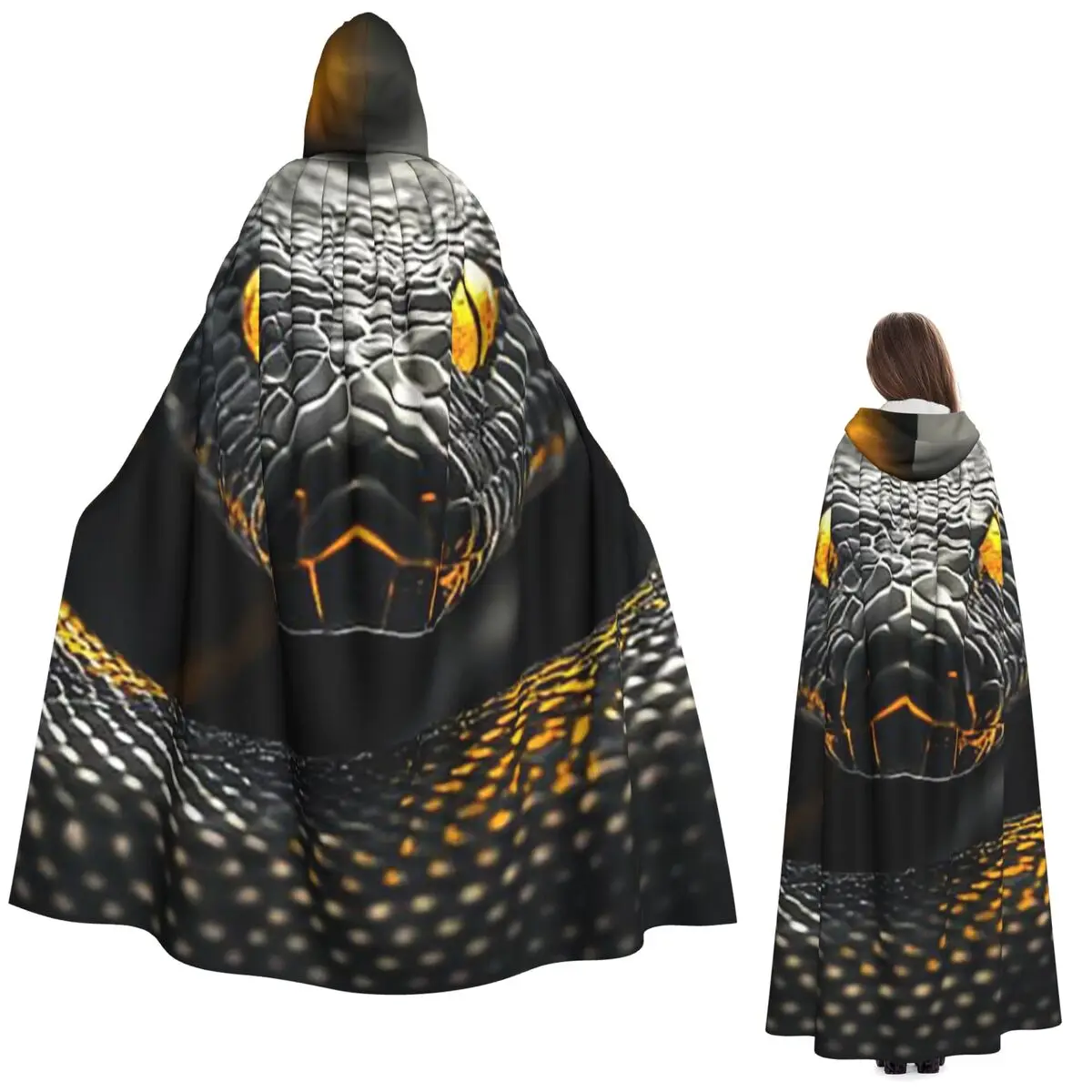 

Golden Eyes And Black Snake Scale Print Long Hooded Cloak Witch Medieval Costume Cosplay Cape HalloweenParty Adult Unisex