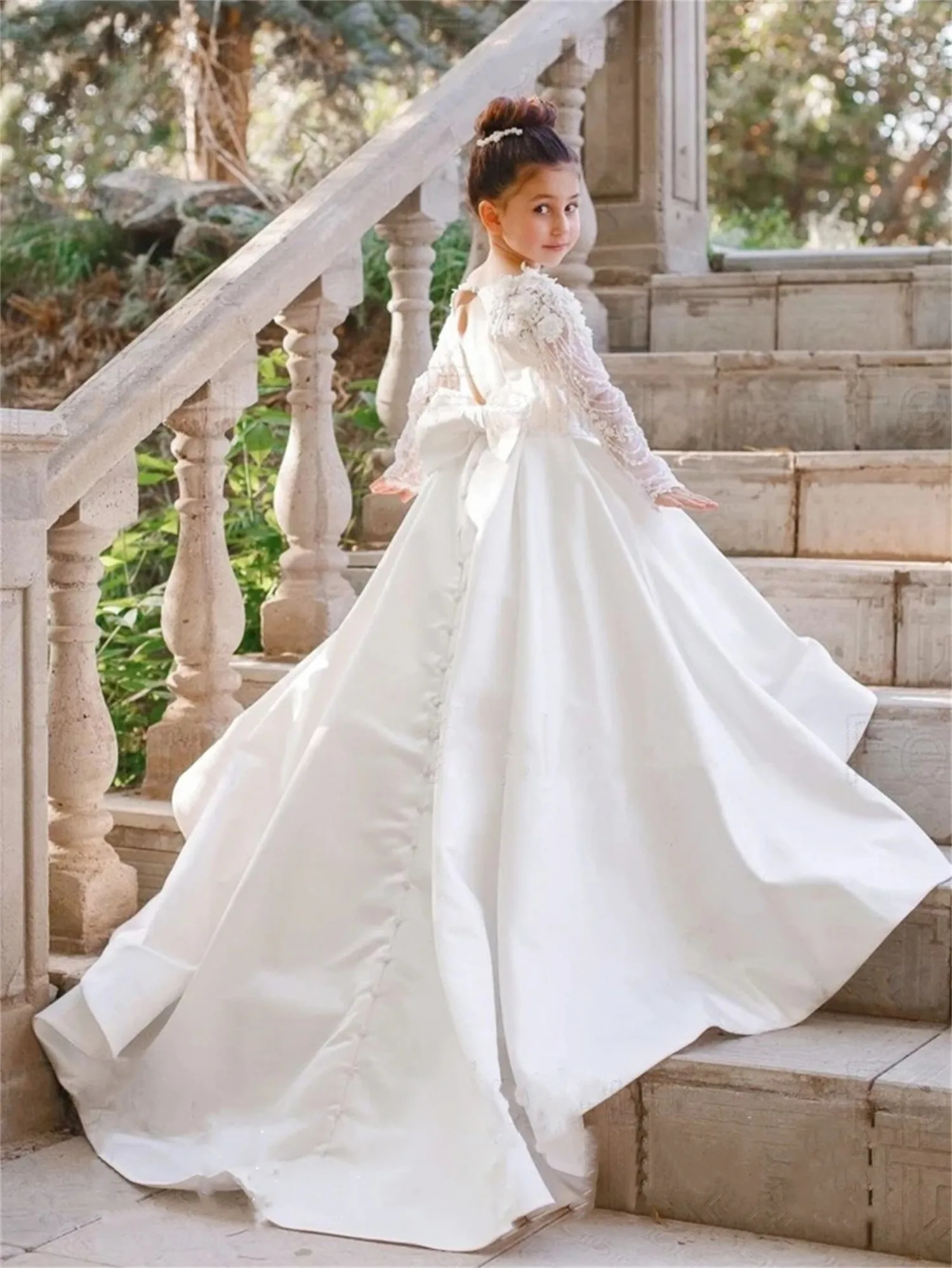 

New White Flower Girls Dresses Lace Floral Full Sleeve Princess Birthday Prom Party Pageant Gown First Communion Dress