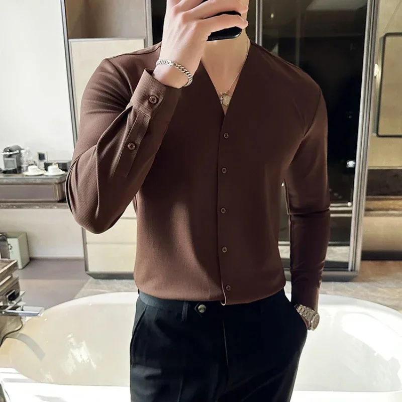 Men V-neck Long Sleeve Shirt New British Style Solid Casual Slim Fit Camisas Blusas Formal Dress Shirts Homme Men Clothing