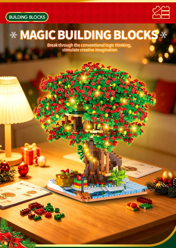 Baumhaus-Baustein-Set, Regenbogen-Sakura, Weihnachten, rote Kirschblüten, 3D-Modell, Mini-Bausteine, Figuren, Spielzeug für die Heimdekoration – Detail 2