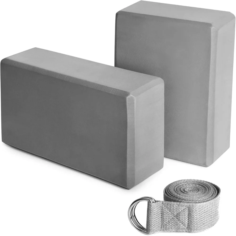 2Pcs Practical EVA Yoga Blocks Set Non Slip Grey Yoga Strap Set 9x6x3 Inches Yoga Block 2 Pack For Dance