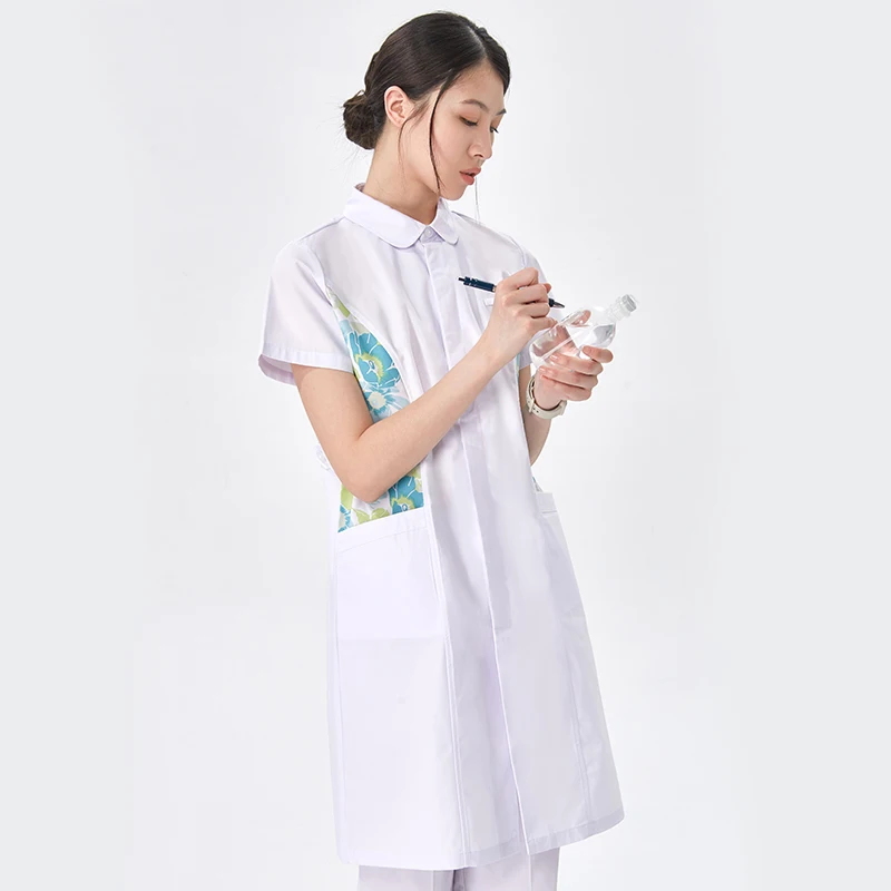 Flower Print Nurse Gown ICU Robe for Women Medical Scrub Uniform Workwear Hospital Scrubs Dress Healthcare Uniforms 902-PS-01