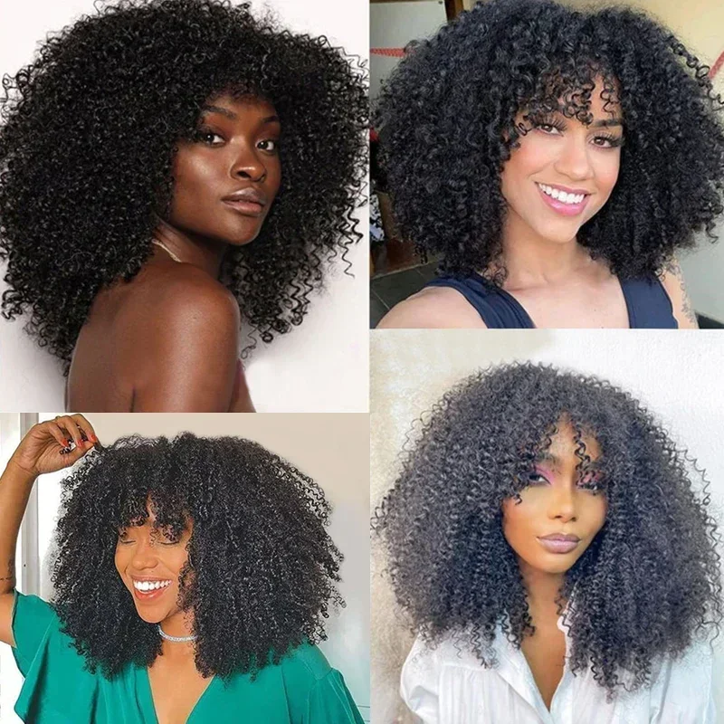 Glueless Afro Curly Human Hair Wigs With Bangs For Black Women 200% Density Kinky Curly Virgin Human Hair Wig With Bangs