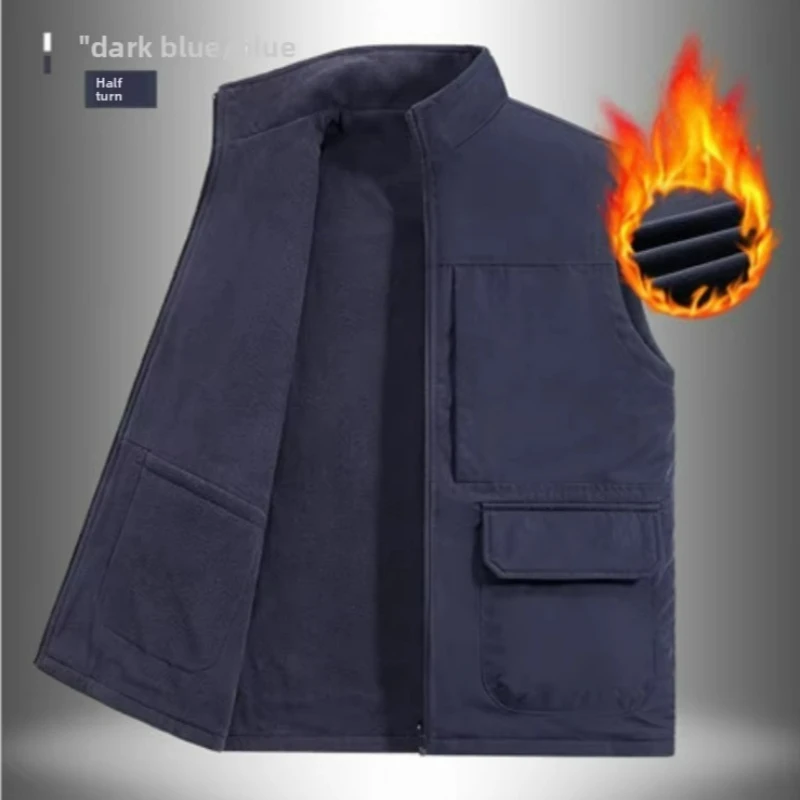 Men Reversible Fleece Lined Multi Pocket Cargo Vest Stand Collar Sleeveless Work Waistcoat Outdoor Casual Plus Size Men Vest