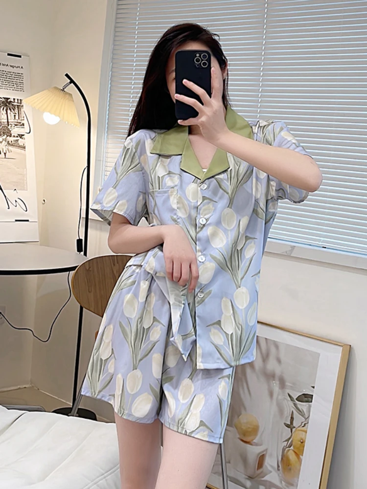 Women's Pajamas Set Satin Silk Pijamas Leaf Summer 2022 New Casual Turn-down Collar Sleepwear Short Sleeve+Shorts Nightwear