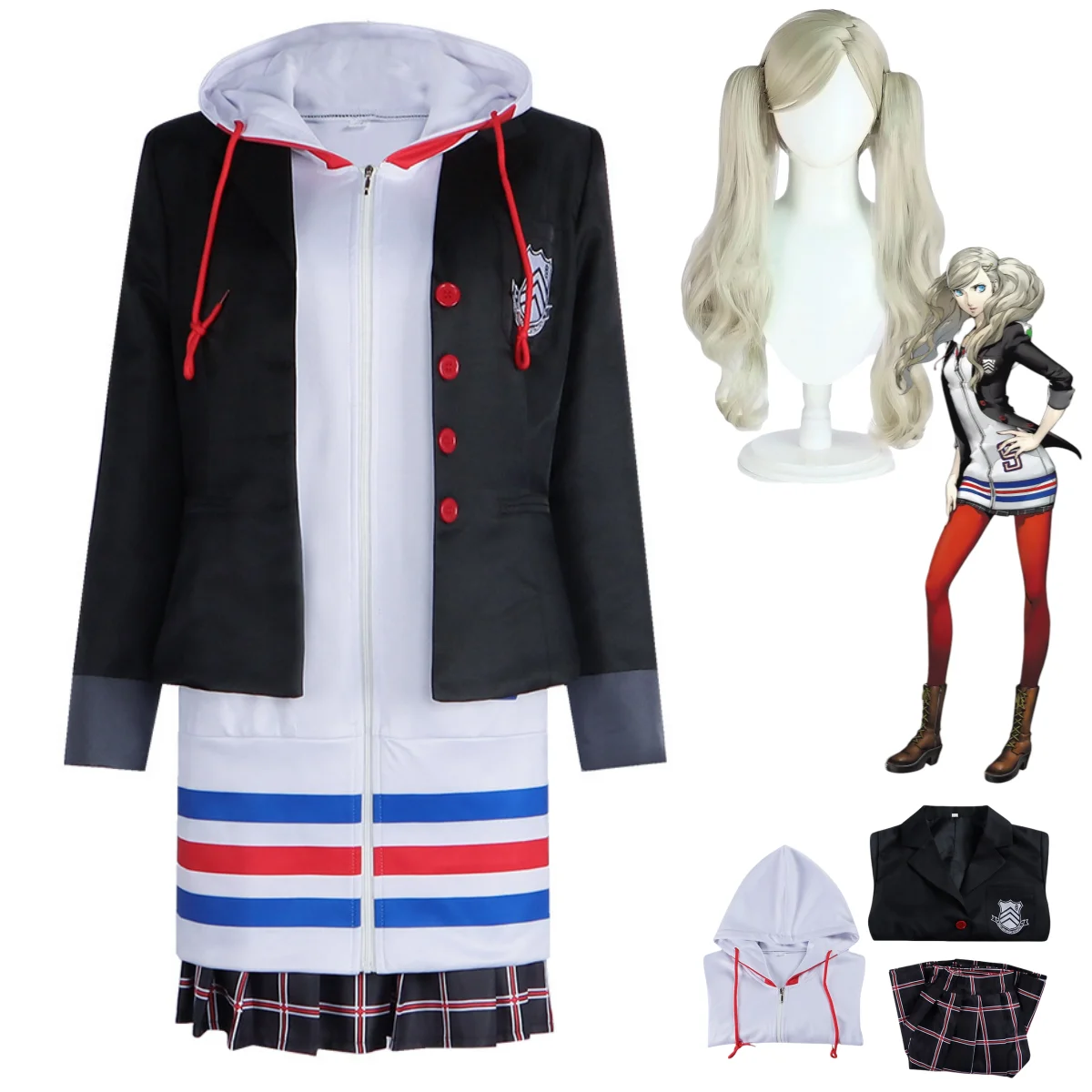 Anime Game Persona 5 Anne Takamaki Cosplay Costume P5 Panther Wig Hooded Hoodies JK School Uniforms Coat Woman Sexy Campus Suit