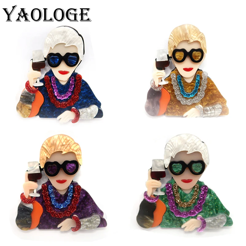 

YAOLOGE New Mixed Color Wine Cup Grandma Acrylic Cute Brooch Original Portrait Fashion Personality Splicing Fashion Brooch