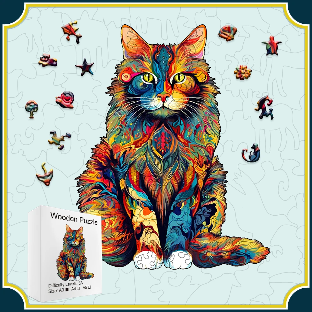 

Colorful Cat Art Wooden Puzzle - Unique Irregular Animal Shape, High Difficulty, Brain Enhancing Toy