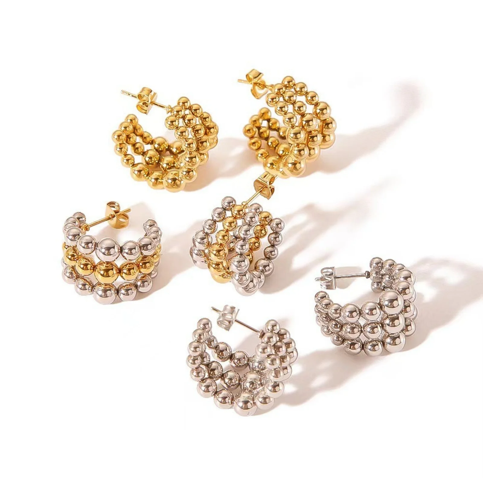 Doreen Box 1 Pair Stylish Exquisite Earrings 304 Stainless Steel Spherical C-Shaped Hoop Earrings For Women Gift 15mm Dia.
