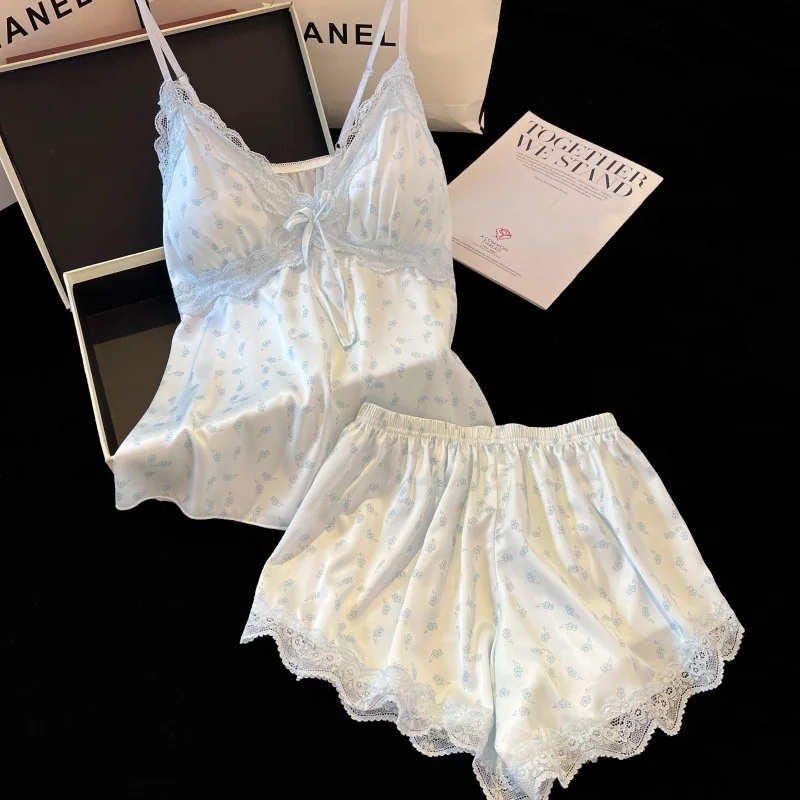 2026 الربيع والصيف الدانتيل مع وسادة الصدر سترة مجموعة تي شيرتات قصيرة للأطفال منامة الحرير الجليدي الساتان الدانتيل ملابس المنزل Pirastasama Жеenca #1