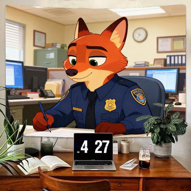 1PC Zootopia Nick Wilde Fox Polizei Wandteppich Moderne Cartoon Anime Wand Kunst Polyester Dekor Wohnzimmer Schlafzimmer Geschenk für Fans