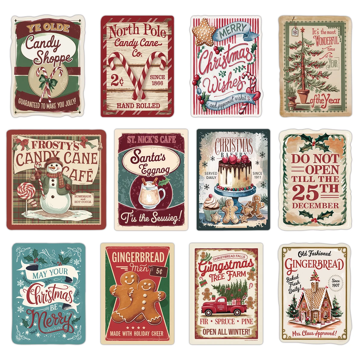 12 Stück Vintage-Weihnachtsaufkleber – North Pole Café Hot Cocoa-Thema, Etiketten für Weinflasche, Geschenkbox, DIY-Sammelalbum, Weihnachtsparty-Dekoration