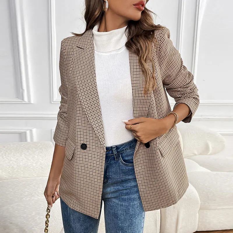 2025 New Spring and Autumn Commuting Casual Suit Retro Style Houndstooth Blazer