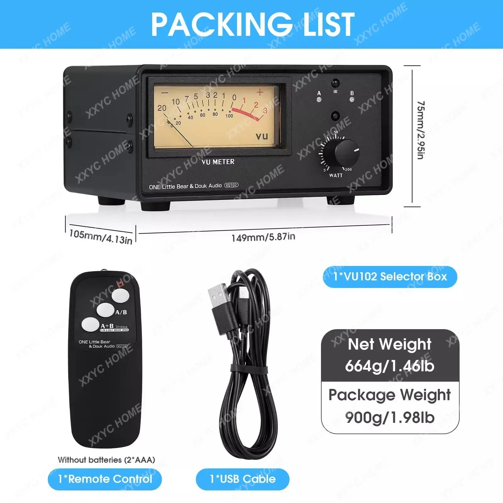 VU102 1-IN-2-OUT Audio Switcher Box 2-IN-1-OUT Selecter for with IR Remote Control VU Meter