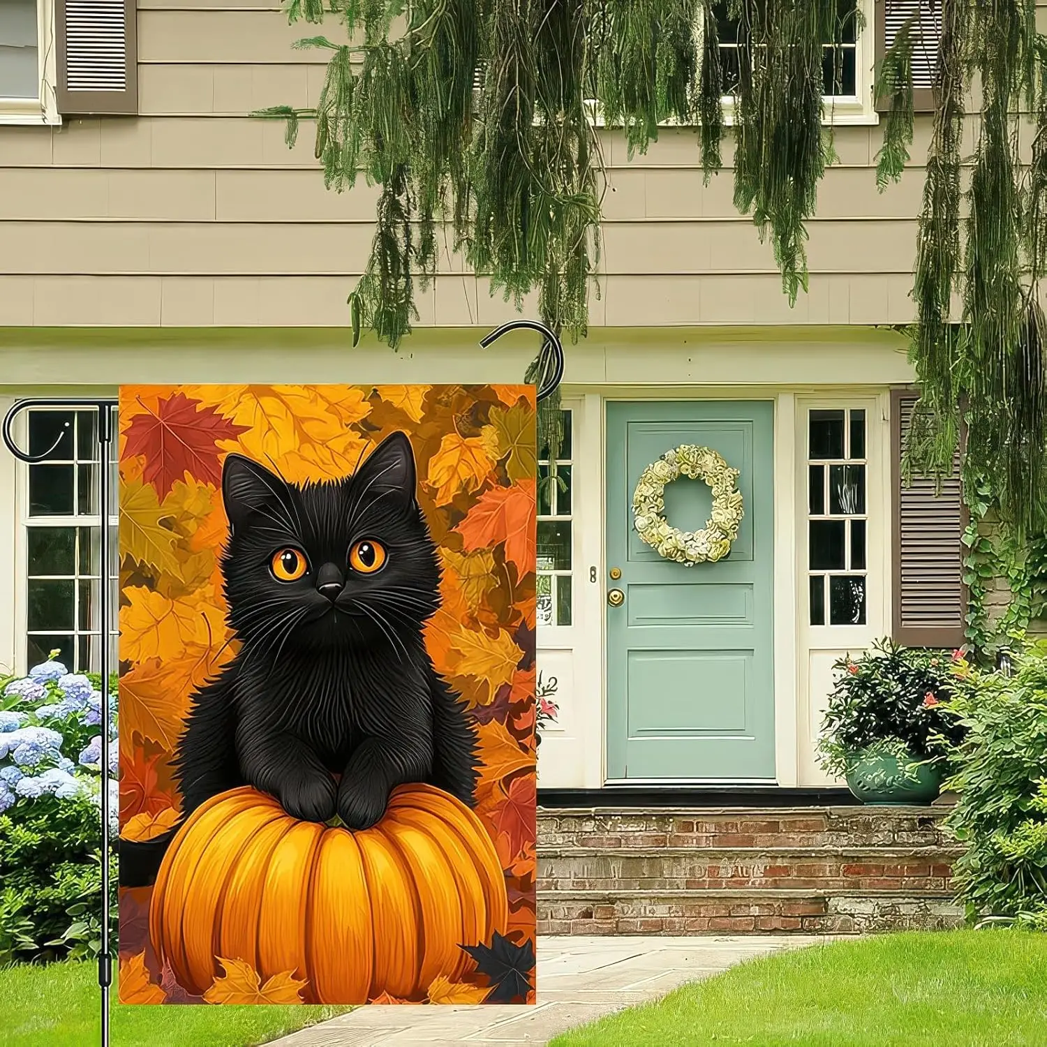 عيد الشكر سقوط حديقة العلم 12x18 بوصة ترحيب القط الأسود اليقطين في الهواء الطلق العلم مزدوجة الوجهين الخريف ساحة راية أوراق القيقب FFI