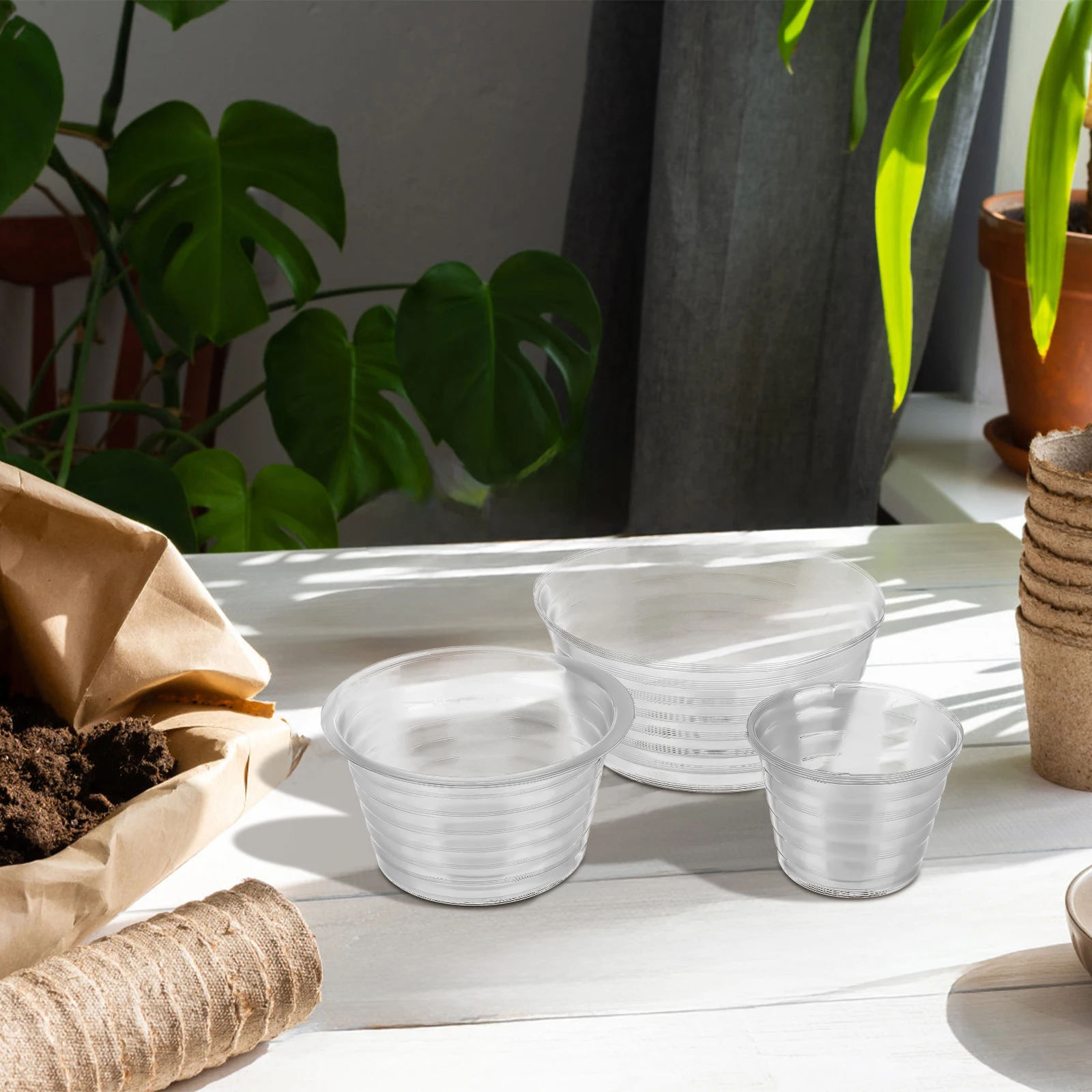 

15Pcs Plastic Nursery Pots Clear Planter Liners for Hanging Baskets Water Catcher Trays Drip Protectors for Indoor Outdoor