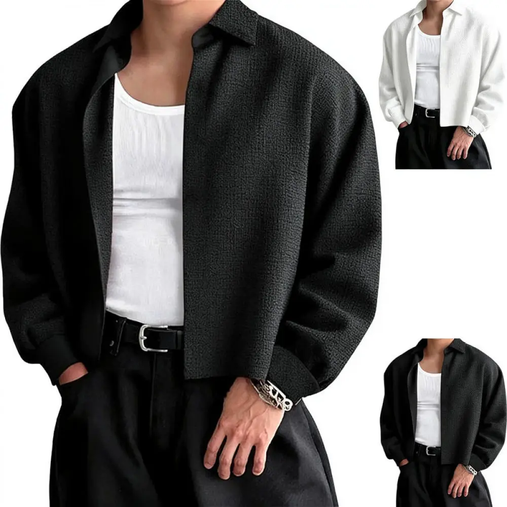 Mens Oversized Shirt Drop Shoulder Texture Fabric Minimalist Solid Color Streetwear European Style Trendy Comfortable Blouse