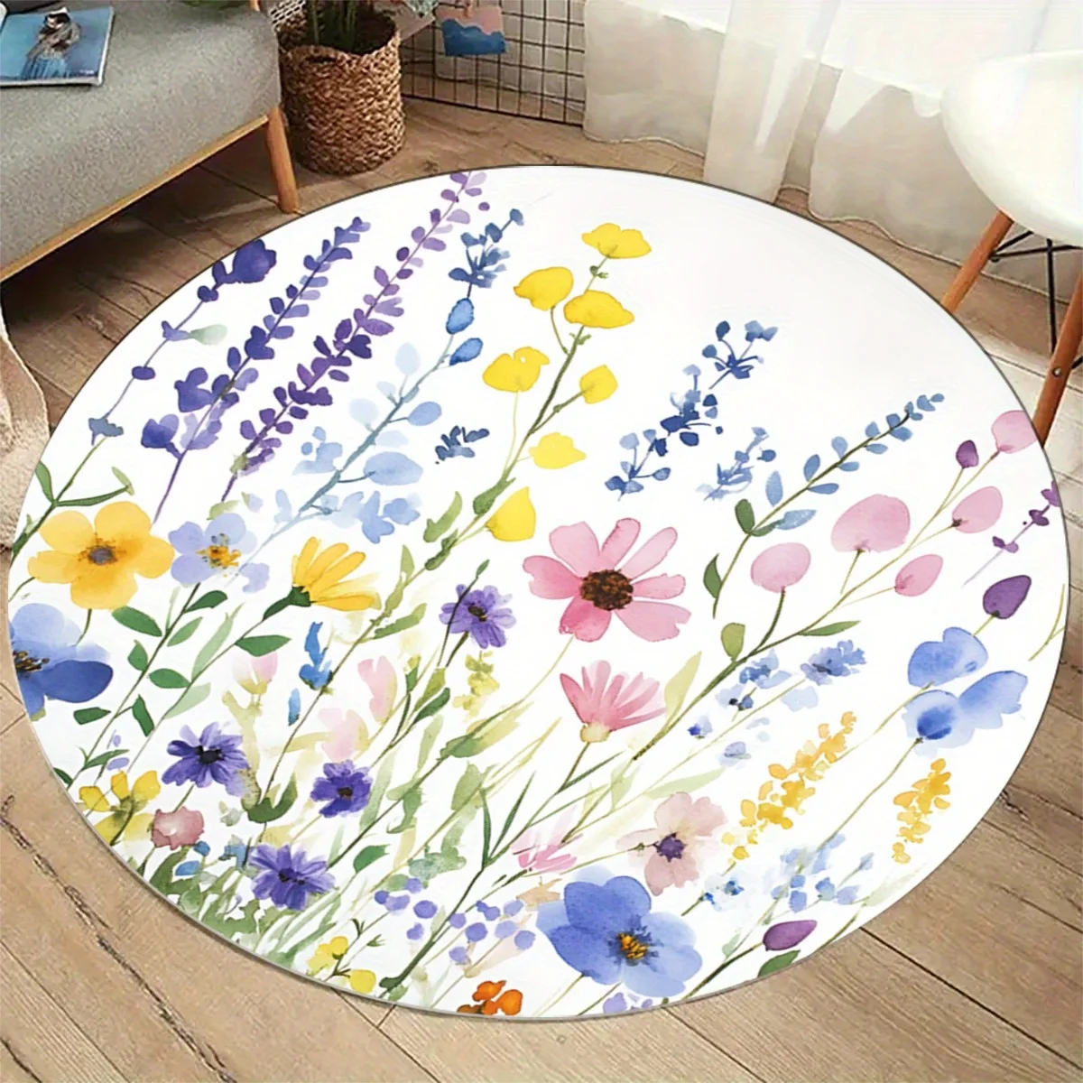 

1pc Elegant floral and plant pattern round rug, crystal velvet fabric, suitable for bedroom and living room decoration