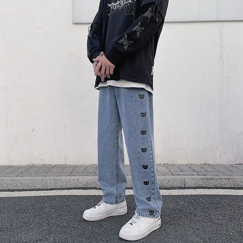 Men's Printed Jeans Fashion Straight Style New Casual Wide Leg Jeans Men's Street Clothes Korean Hip Hop Pants Summer Jeans
