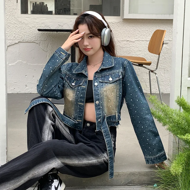 Spring Autumn 2024 Short Elegant Denim Coat Women's American Retro Hot Drill Jean Jackets Loose Long Sleeve Shinny Cowboy Tops