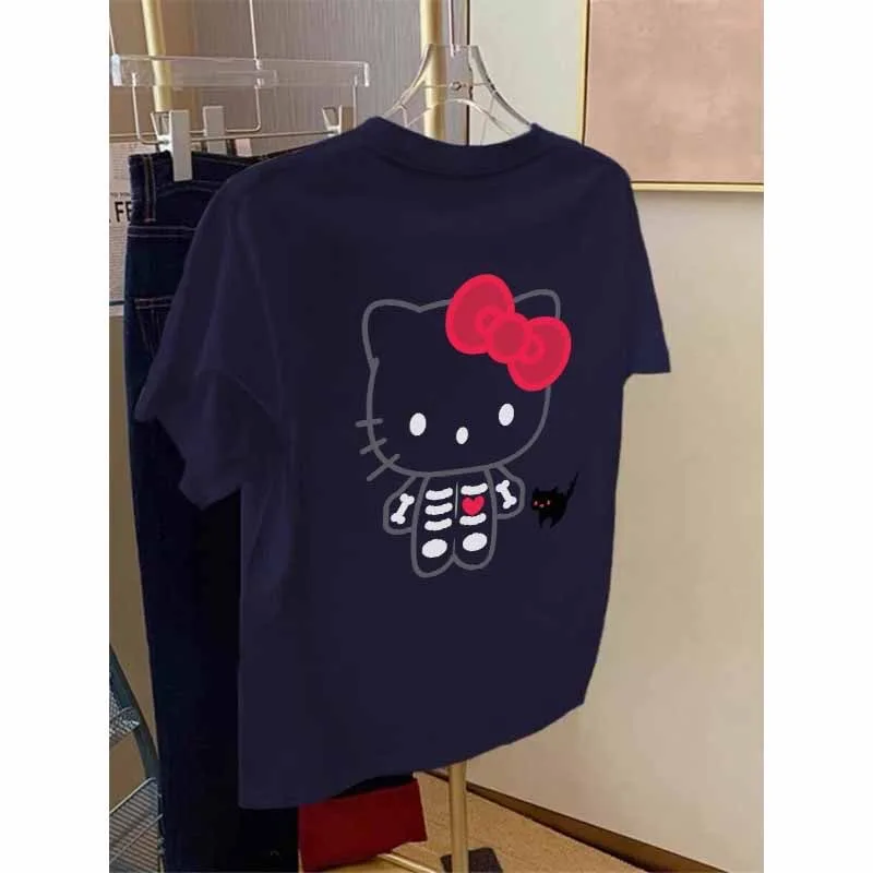 Skull Hello Kitty T Shirts 100% Cotton Cartoon Sanrio Printed T-Shirt for Women Oversized Halloween Hello Kitty Tees Y2k Tops