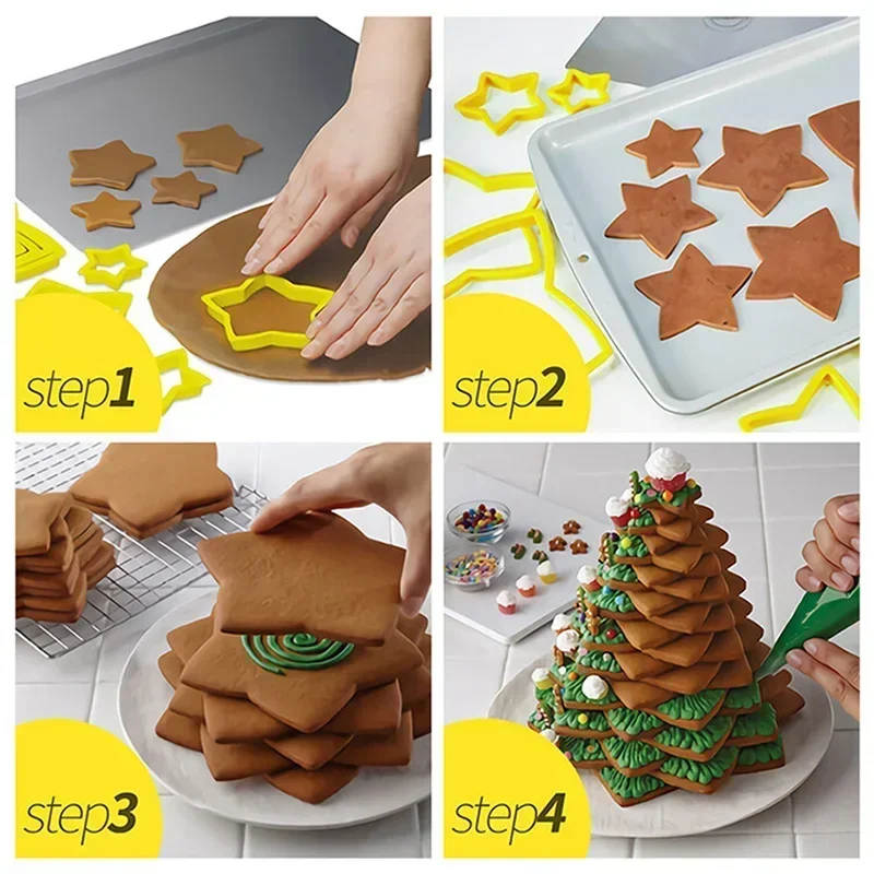 6pcs/ Set Christmas Tree Cookie Cutter Mold Xmas Plastic DIY 3D New Year Biscuits Gingerbread Maker Stamp Baking  Accessories view 4