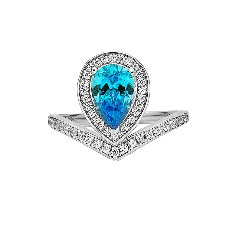 Light luxury niche Topa Blue Water Drop 925 Silver Ring with High Carbon Diamond Ice Flower Cutting Versatile Sweet Beauty