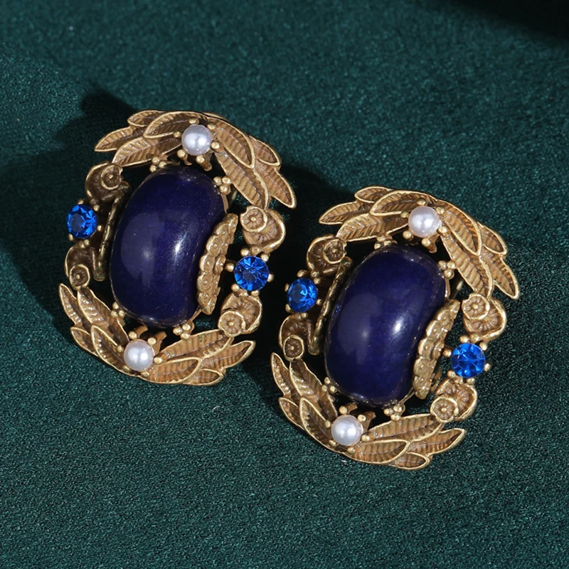 

Vintage Royal Blue Lapis Lazuli Earrings For Woman Leaf Zircon Rhinestone Big Stud Luxury Quality Designer Accessories Wedding