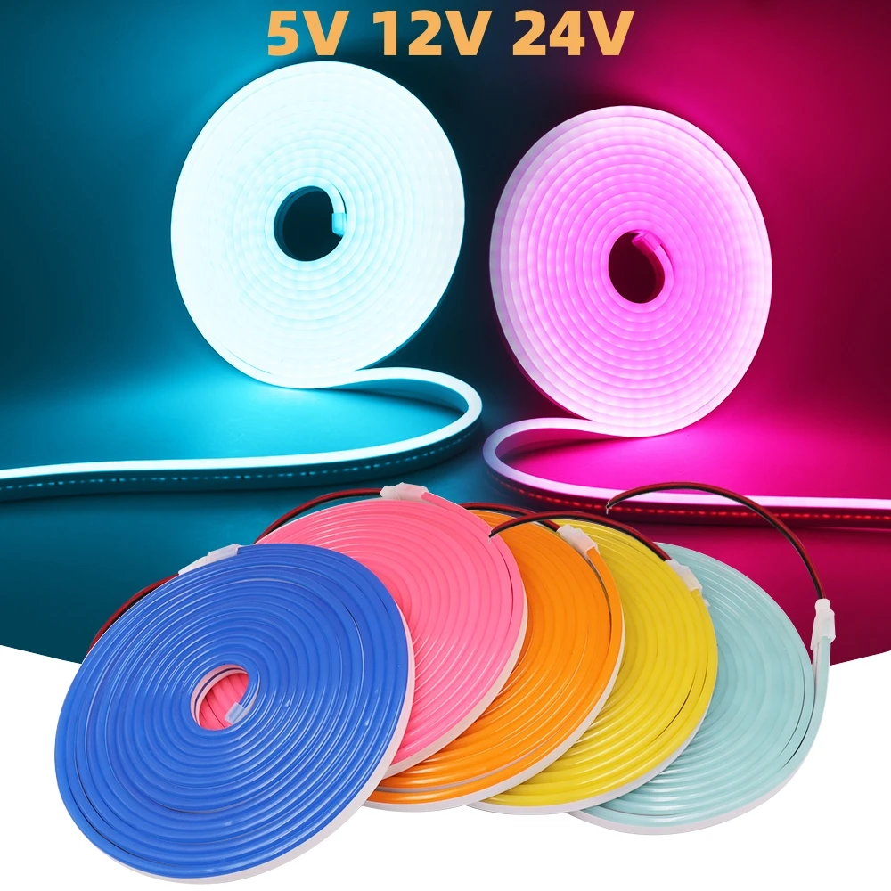 5V 12V 24V Neon LED Strip 5M IP67 Waterproof Silicon Tube Bar Lamp Soft Flexible 120LEDs/M DIY Light Sign Rope 3000-6500K Ribbon