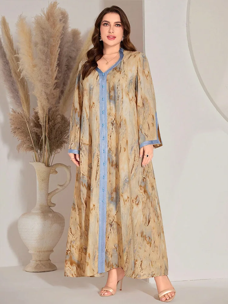 

2024 Women Print Plus Size Loose Maxi Dress Ramadan Eid Djellaba Dubai Abaya Turkey Kaftan Islam Jalabiya Caftan Marocain Femme