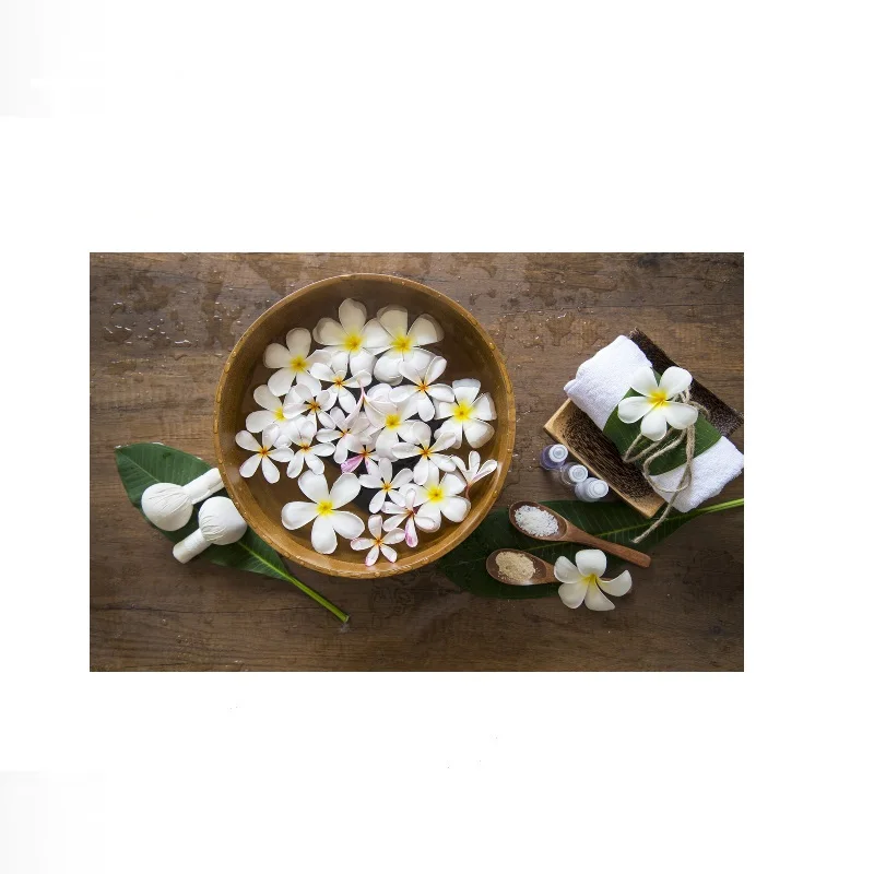 Spa setting with plumeria flowers, salt, and towels, Art Print Canvas Poster, Living Room Decor, Home Wall Picture