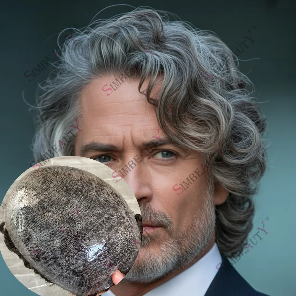 

28mm Curly Natural Human Hair Men's Capillary Prosthesi Brown Black Grey 1b65 Durable Thin Skin Full PU Toupee Replacement Wigs