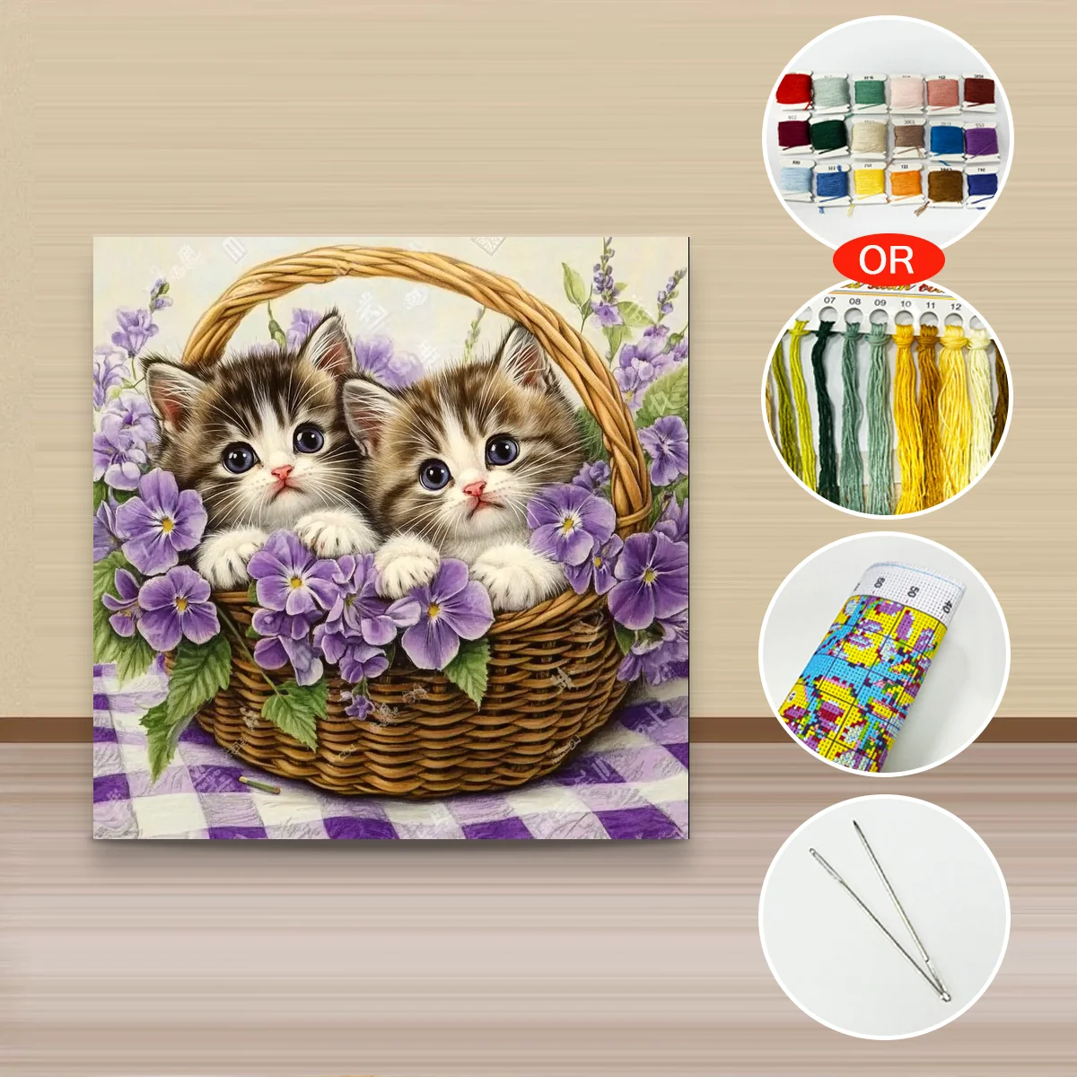 1 Stück 40x40 cm/15,74 Zoll, 11Ct/14Ct Kreuzstich-Set, DIY Valentinstagsgeschenk, Stickerei-Set für Festlichkeiten, Kätzchen im Blumenkorb – Detail 2