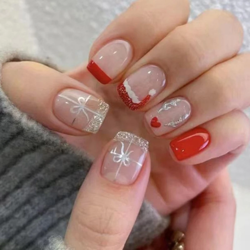 Celebrate Christmas With 24 Elegant Press On Nails Short Square False Nails With Silver Glittering Elk Designs E1YF