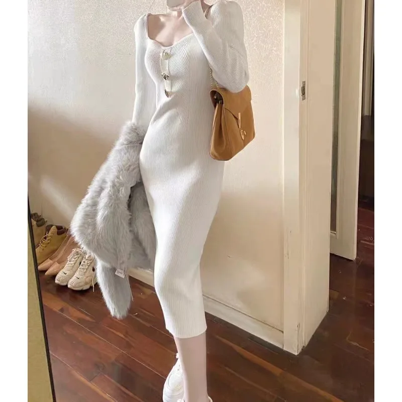 

Retro Square Neck Knitted Dress Women's Autumn and Winter Temperament High-end Square Neck Sweater Skirt Base Long Skirt