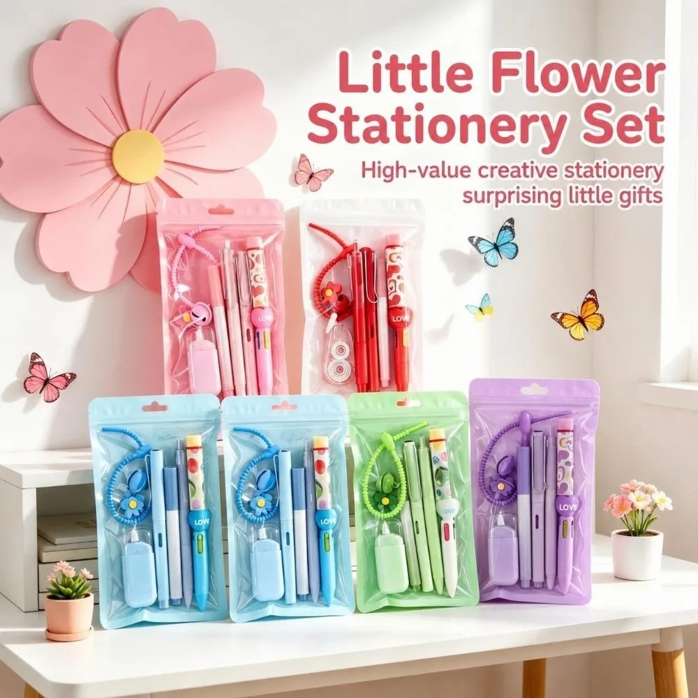Portable 7-in-1 Flower Stationery Set with Keychain Multi Color 7 in 1 Pen Set Party Favor Stationery School Supplies