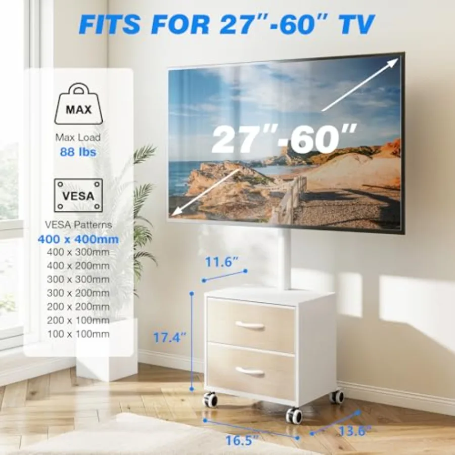 Mobile TV Cart with 2 Wooden Drawers for 32-60 Inch TVs: Living Room Use, Solid Wood, Natural Finish, Smooth Casters Adjustable
