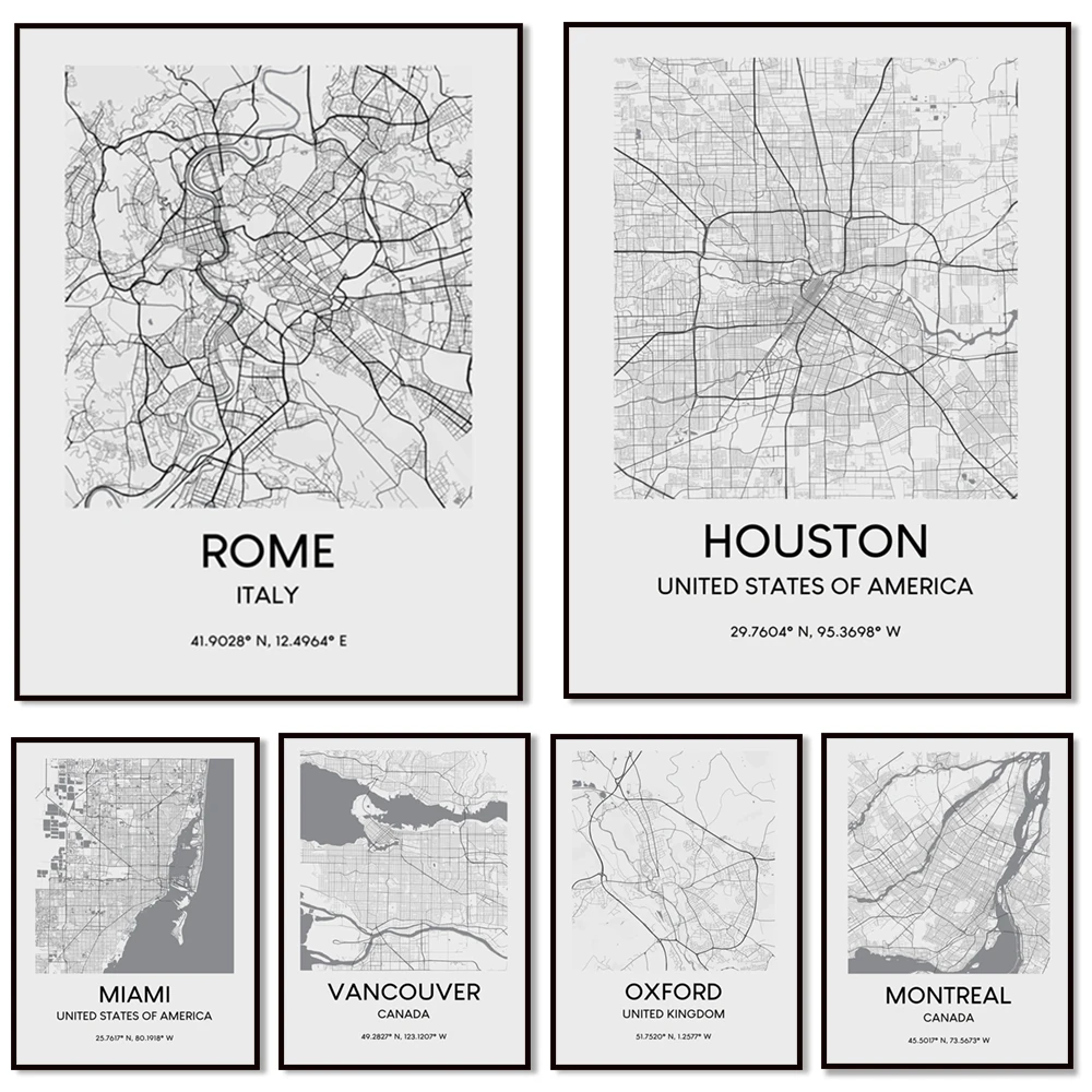 Map poster, Phoenix map, Chicago, Houston, Montreal, Vancouver poster, Oxford UK travel black and white minimalist wall decorati