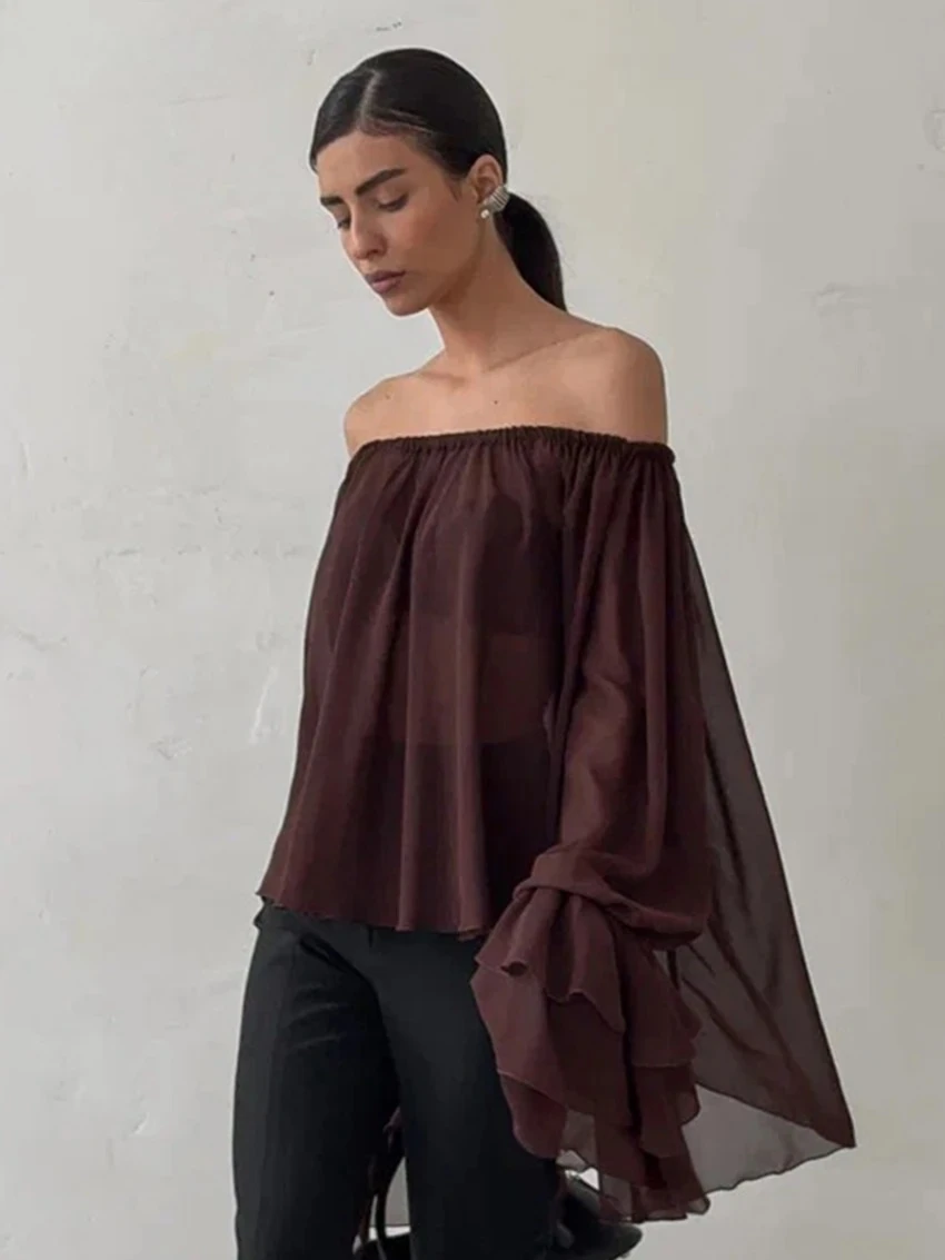 أزياء فضفاضة النبيذ الأحمر المرأة قميص مثير مائل الرقبة قمصان طويلة الأكمام أنيقة الكلاسيكية مطوي قمم الملابس النسائية #2